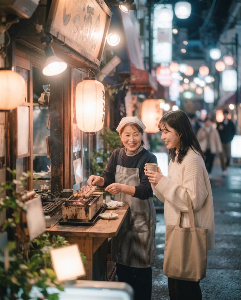 Cinematic film still of a Tokyo street at night, close-up detail with shallow depth of field, soft pastel colors, bright and cozy, 4:5 aspect ratio