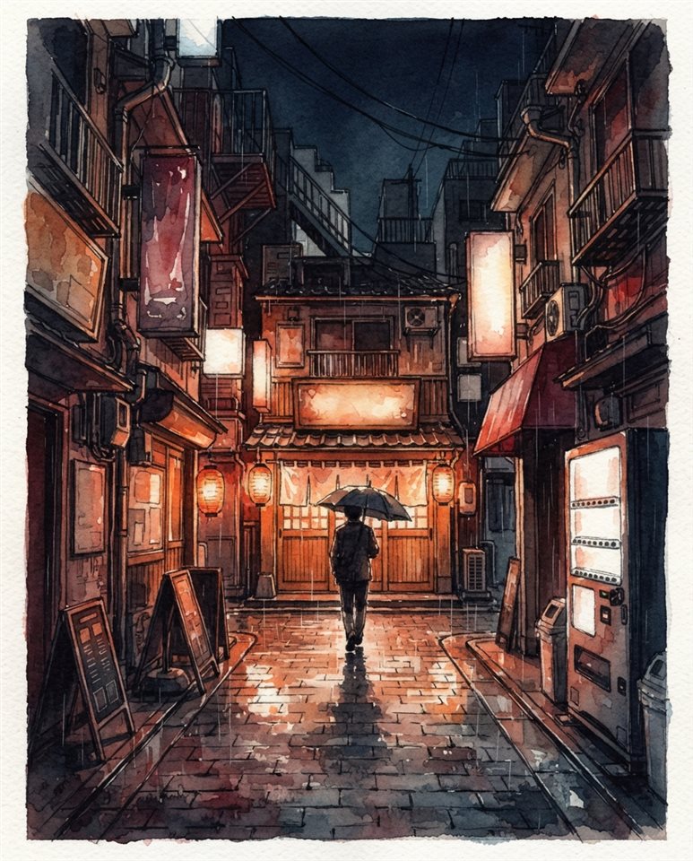 Watercolor illustration of a Tokyo street at night, centered subject with a simple uncluttered composition, moody dark tones, dramatic lighting, 4:5 aspect ratio