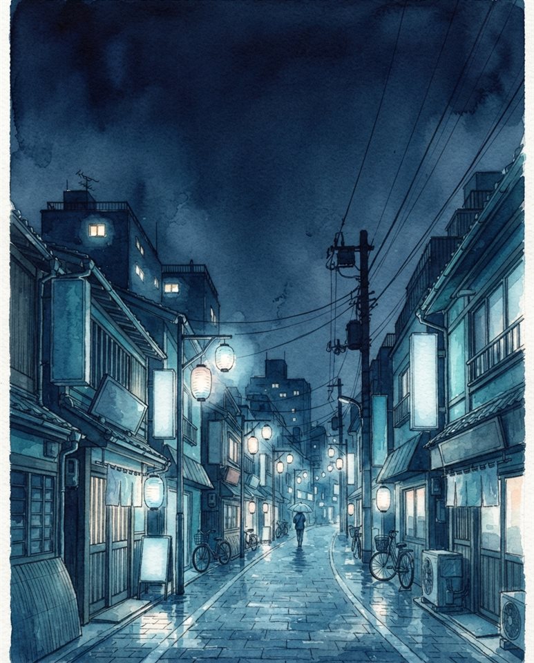 Watercolor illustration of a Tokyo street at night, wide shot with open space at the top for text, cool blue tones, quiet atmosphere, 4:5 aspect ratio