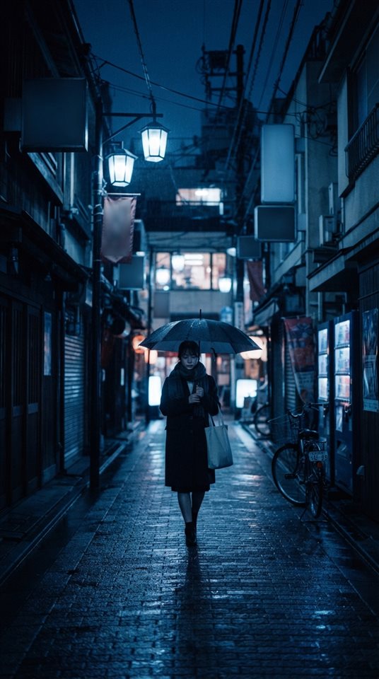 Cinematic film still of a Tokyo street at night, centered subject with a simple uncluttered composition, cool blue tones, quiet atmosphere, 9:16 aspect ratio
