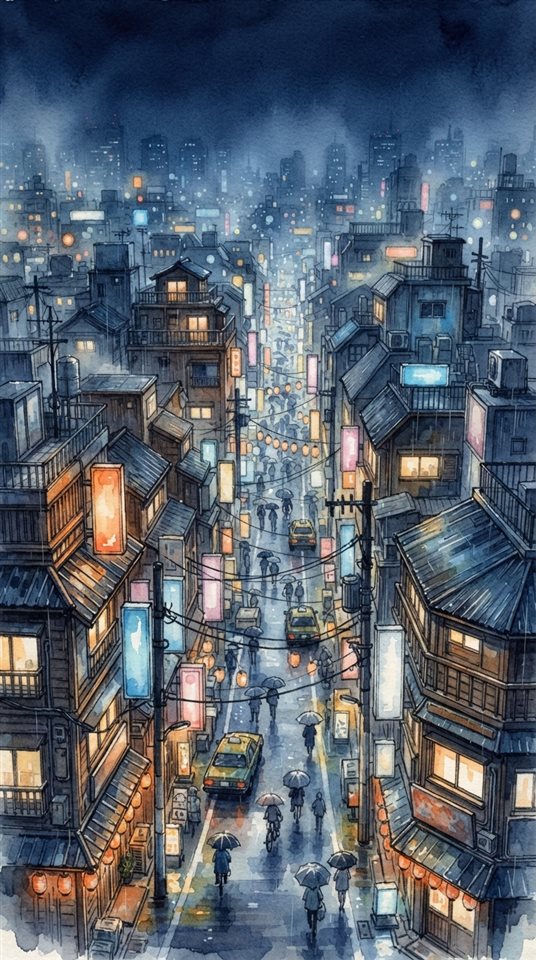 Watercolor illustration of a Tokyo street at night, high-angle view from above, misty morning haze, dreamy, 9:16 aspect ratio
