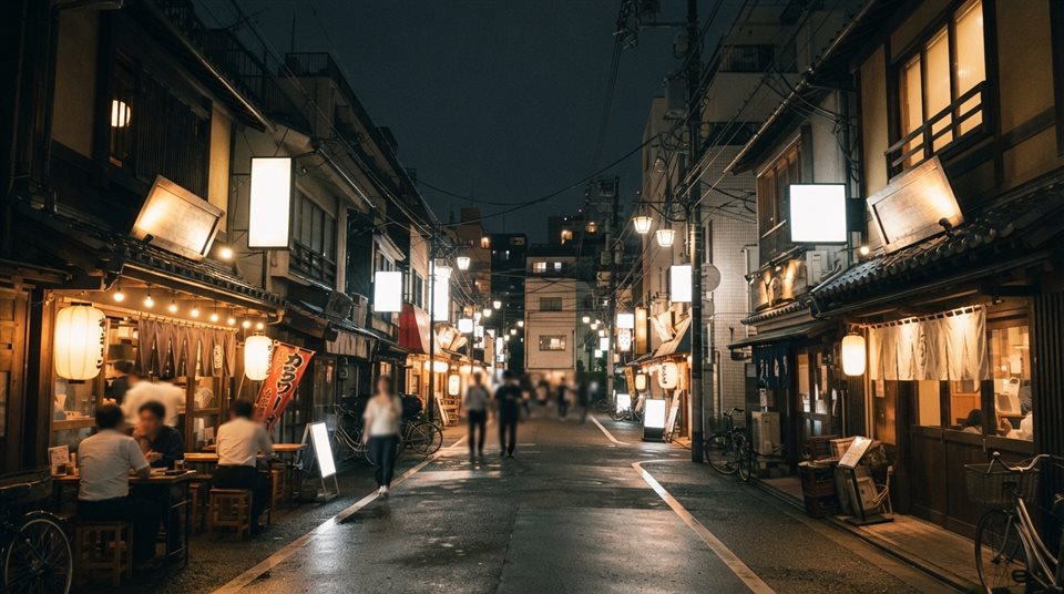 Photorealistic photo of a Tokyo street at night, wide shot with open space at the top for text, warm golden light, calm mood, 16:9 aspect ratio