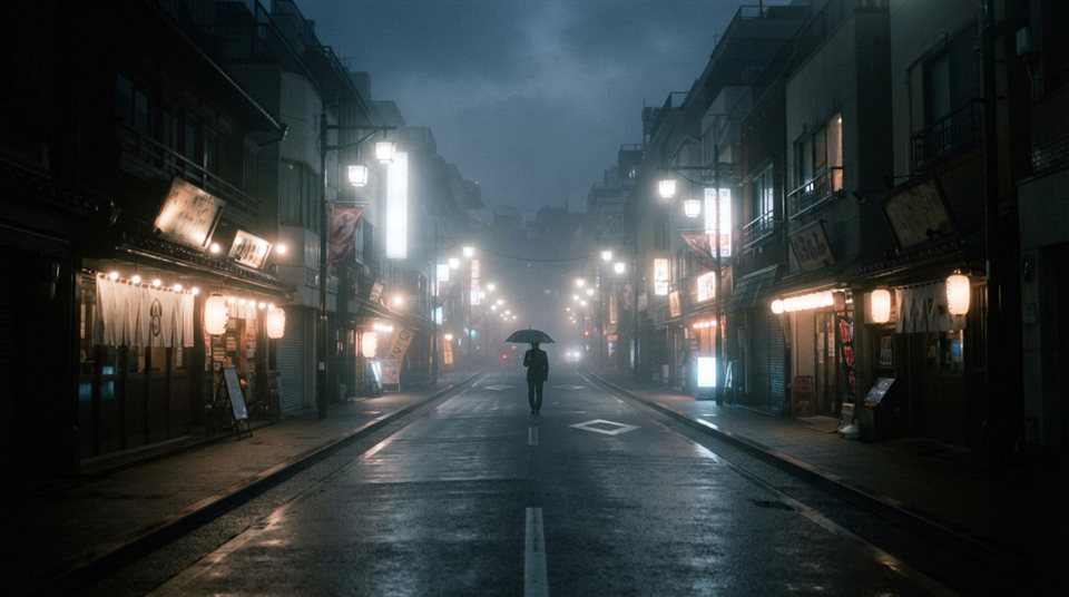 Photorealistic photo of a Tokyo street at night, centered subject with a simple uncluttered composition, misty morning haze, dreamy, 16:9 aspect ratio