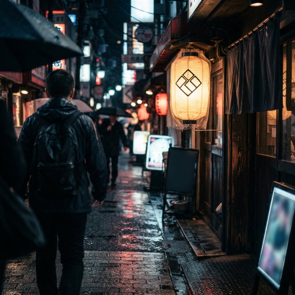 Photorealistic photo of a Tokyo street at night, close-up detail with shallow depth of field, moody dark tones, dramatic lighting, 1:1 aspect ratio