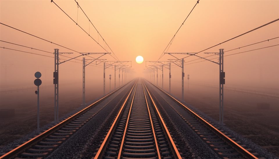 Soft 3D render of Empty railway tracks stretching into the distance under the warm glow of a sunset, high-angle view from above, misty morning haze, dreamy, 16:9 aspect ratio
