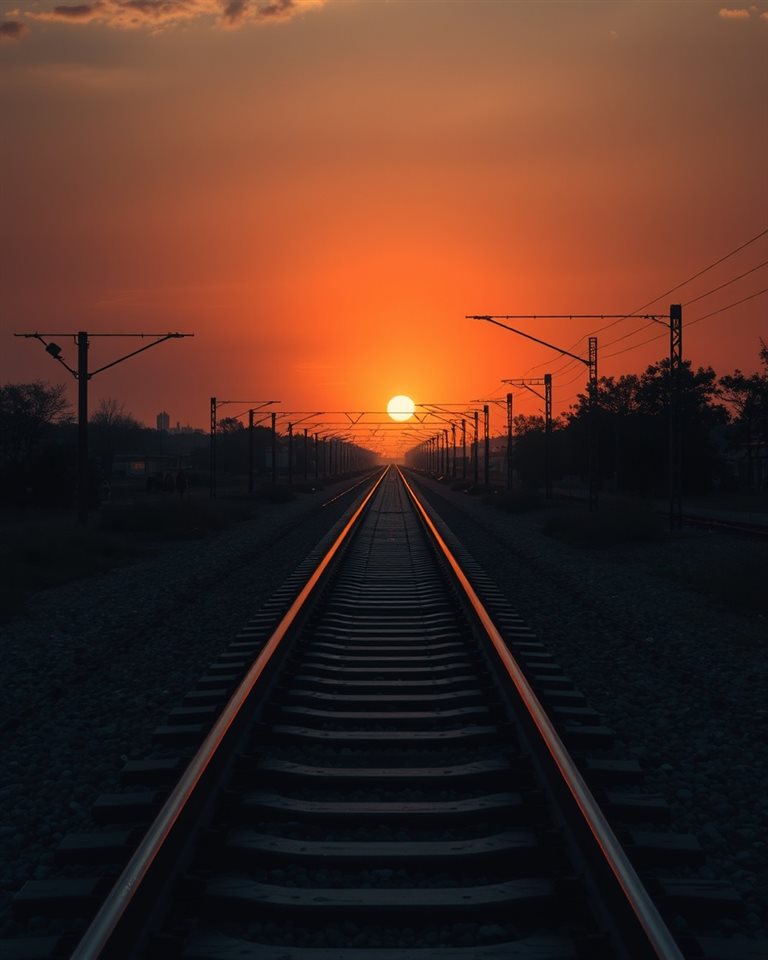 Photorealistic photo of Empty railway tracks stretching into the distance under the warm glow of a sunset, wide shot with open space at the top for text, moody dark tones, dramatic lighting, 4:5 aspect ratio