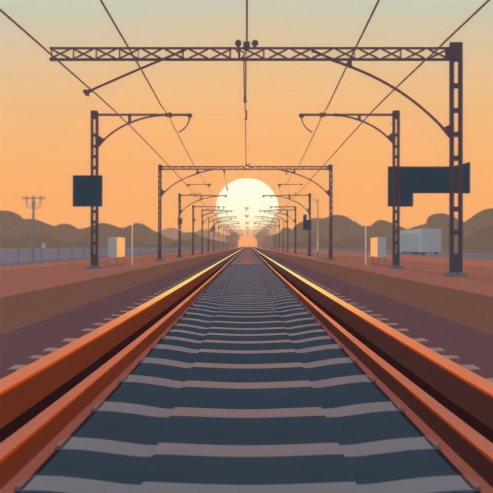 Minimal flat illustration of Empty railway tracks stretching into the distance under the warm glow of a sunset, close-up detail with shallow depth of field, soft pastel colors, bright and cozy, 1:1 aspect ratio