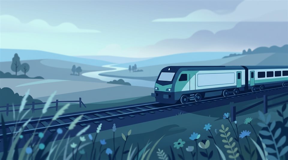 Ilustração plana minimalista de um trem correndo pelo campo, detalhe em close-up com profundidade de campo rasa, tons de azul frios, atmosfera tranquila, proporção 16:9