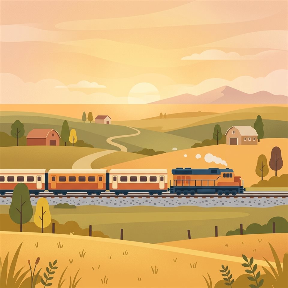 Ilustración plana minimalista de un tren corriendo por el campo, sujeto centrado con una composición simple y despejada, cálida luz dorada, ambiente tranquilo, relación de aspecto 1:1