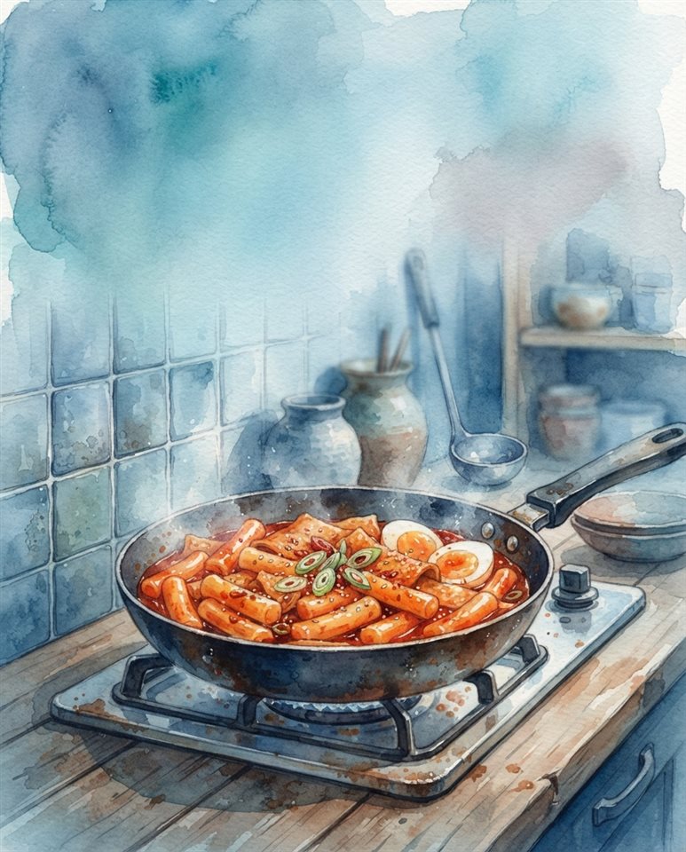 Watercolor illustration of spicy red tteokbokki rice cakes in a pan, wide shot with open space at the top for text, cool blue tones, quiet atmosphere, 4:5 aspect ratio