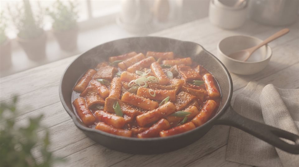 Soft 3D render of spicy red tteokbokki rice cakes in a pan, high-angle view from above, misty morning haze, dreamy, 16:9 aspect ratio