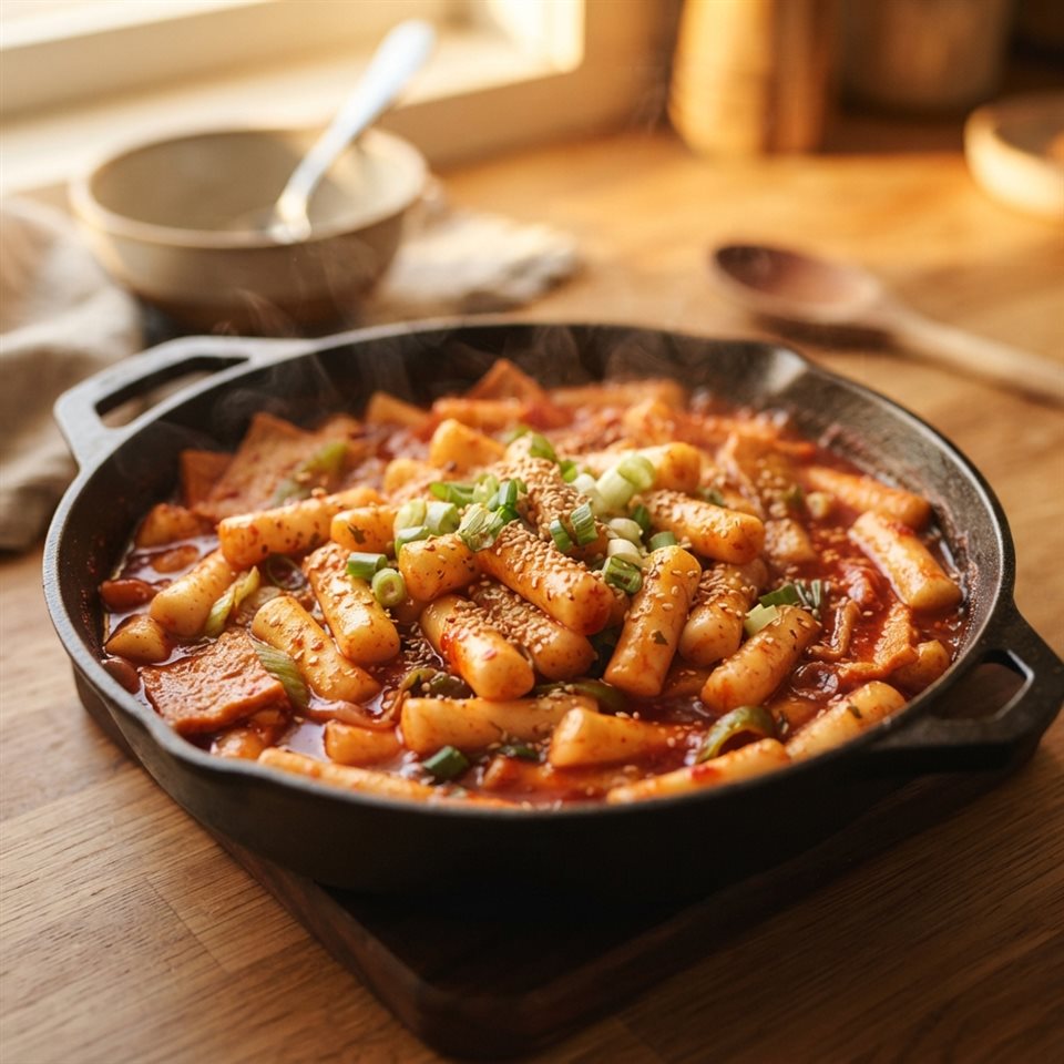 Photorealistic photo of spicy red tteokbokki rice cakes in a pan, close-up detail with shallow depth of field, warm golden light, calm mood, 1:1 aspect ratio