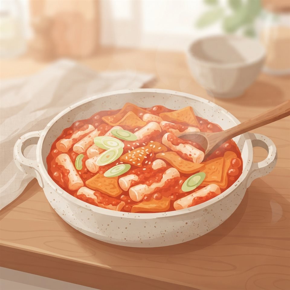 Minimal flat illustration of spicy red tteokbokki rice cakes in a pan, close-up detail with shallow depth of field, soft pastel colors, bright and cozy, 1:1 aspect ratio