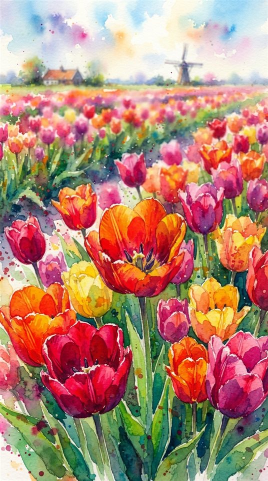 Watercolor illustration of tulip field, close-up detail with shallow depth of field, vivid colors, high contrast, energetic, 9:16 aspect ratio