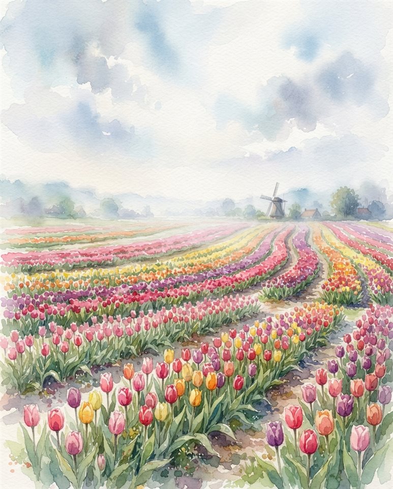 Watercolor illustration of tulip field, wide shot with open space at the top for text, misty morning haze, dreamy, 4:5 aspect ratio