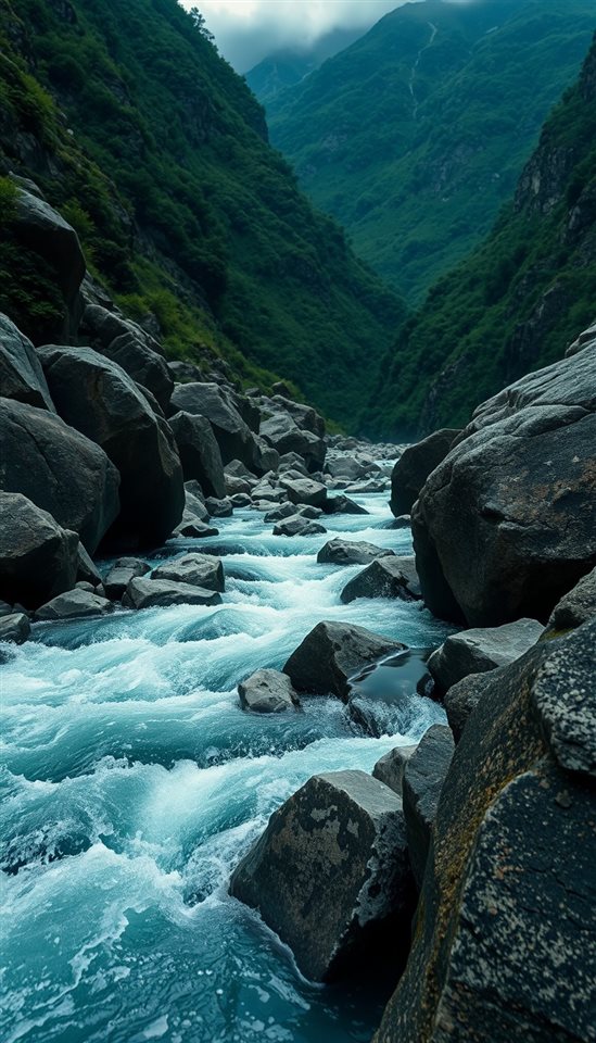 Photorealistic photo of Crystal clear water flowing rapidly over smooth rocks in a deep green mountain valley, close-up detail with shallow depth of field, moody dark tones, dramatic lighting, 9:16 aspect ratio