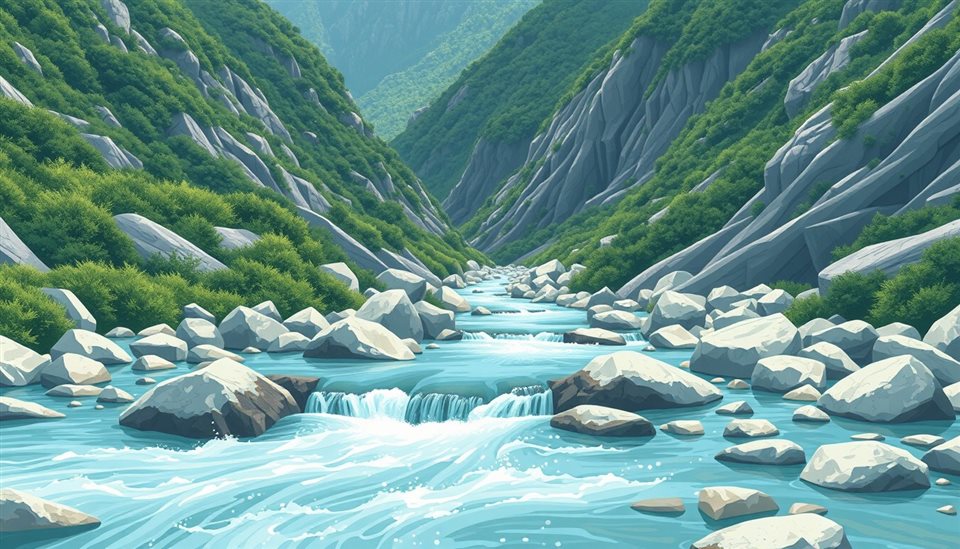 Minimal flat illustration of Crystal clear water flowing rapidly over smooth rocks in a deep green mountain valley, centered subject with a simple uncluttered composition, soft pastel colors, bright and cozy, 16:9 aspect ratio