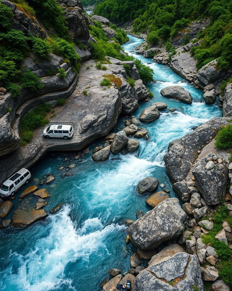 Cinematic film still of Crystal clear water flowing rapidly over smooth rocks in a deep green mountain valley, high-angle view from above, vivid colors, high contrast, energetic, 4:5 aspect ratio