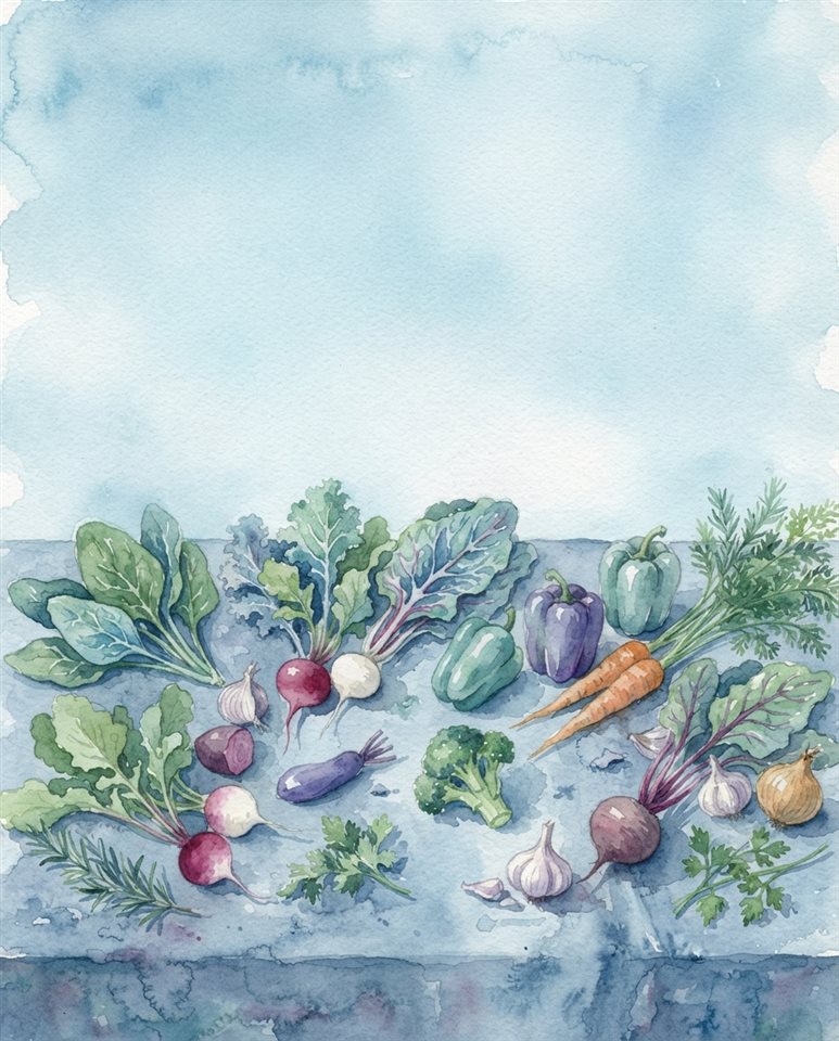 Watercolor illustration of fresh vegetables, wide shot with open space at the top for text, cool blue tones, quiet atmosphere, 4:5 aspect ratio