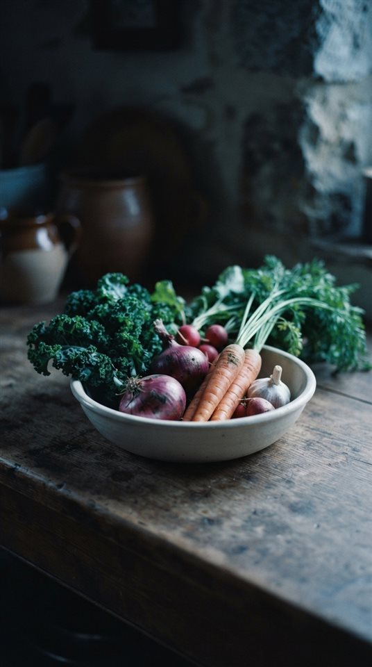 Cinematic film still of fresh vegetables, centered subject with a simple uncluttered composition, cool blue tones, quiet atmosphere, 9:16 aspect ratio