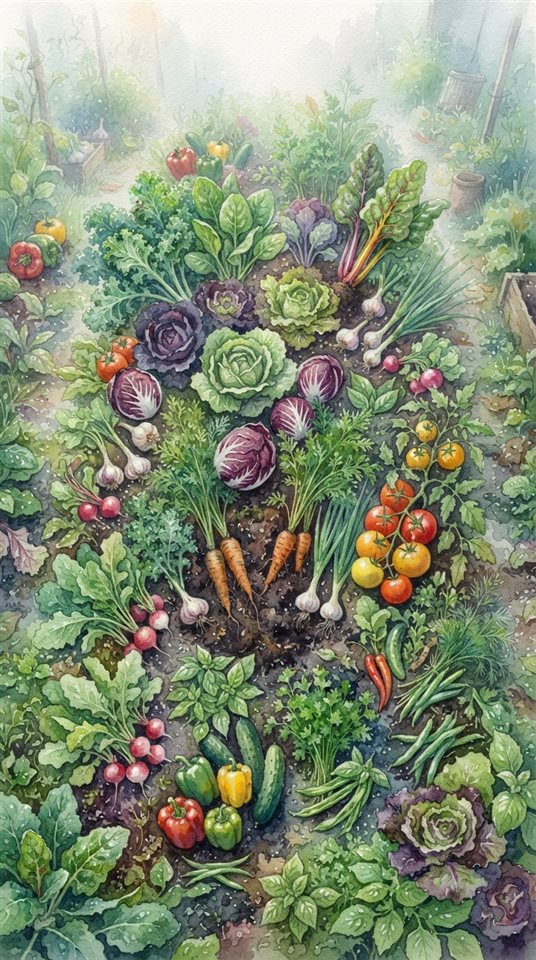 Watercolor illustration of fresh vegetables, high-angle view from above, misty morning haze, dreamy, 9:16 aspect ratio