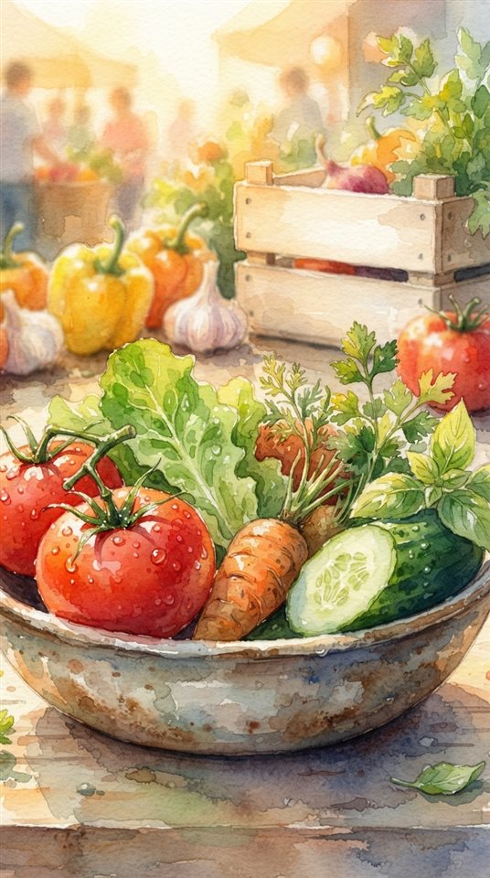 Watercolor illustration of fresh vegetables, close-up detail with shallow depth of field, warm golden light, calm mood, 9:16 aspect ratio
