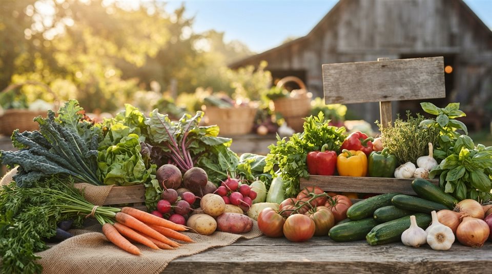Photorealistic photo of fresh vegetables, wide shot with open space at the top for text, warm golden light, calm mood, 16:9 aspect ratio