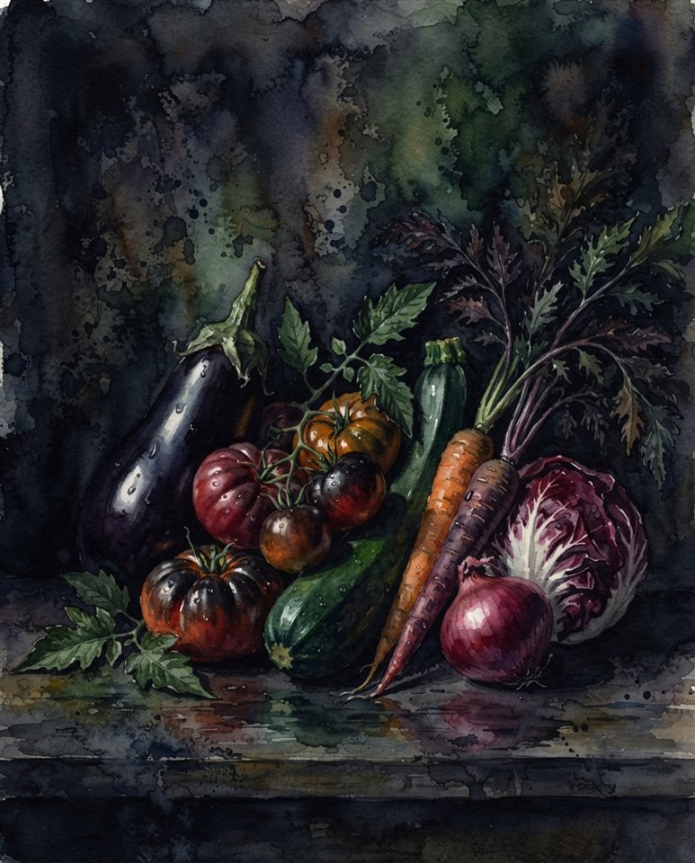 Watercolor illustration of fresh vegetables, centered subject with a simple uncluttered composition, moody dark tones, dramatic lighting, 4:5 aspect ratio