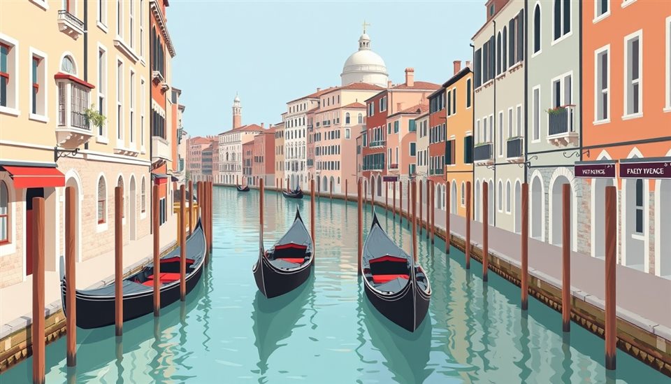 Minimal flat illustration of Scenic view of a narrow canal in Venice with traditional gondolas tied to wooden posts and historic old buildings, centered subject with a simple uncluttered composition, soft pastel colors, bright and cozy, 16:9 aspect ratio
