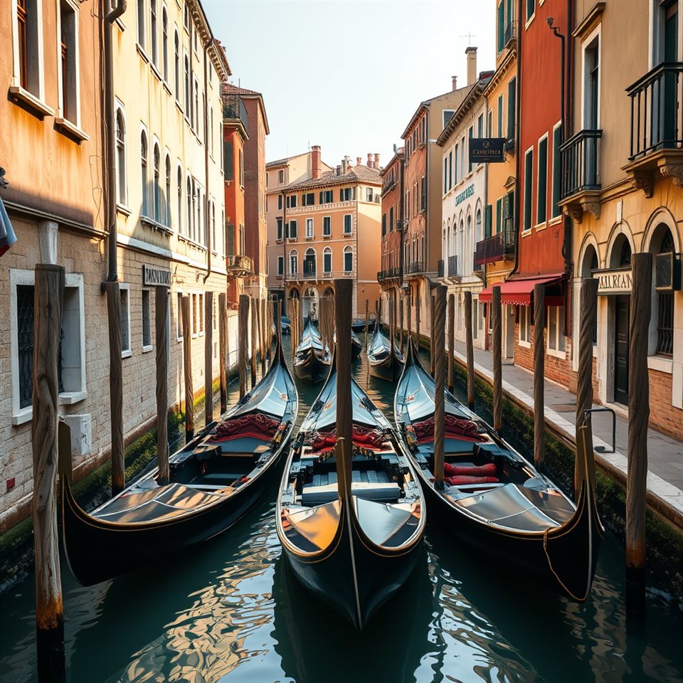 Photorealistic photo of Scenic view of a narrow canal in Venice with traditional gondolas tied to wooden posts and historic old buildings, wide shot with open space at the top for text, warm golden light, calm mood, 1:1 aspect ratio