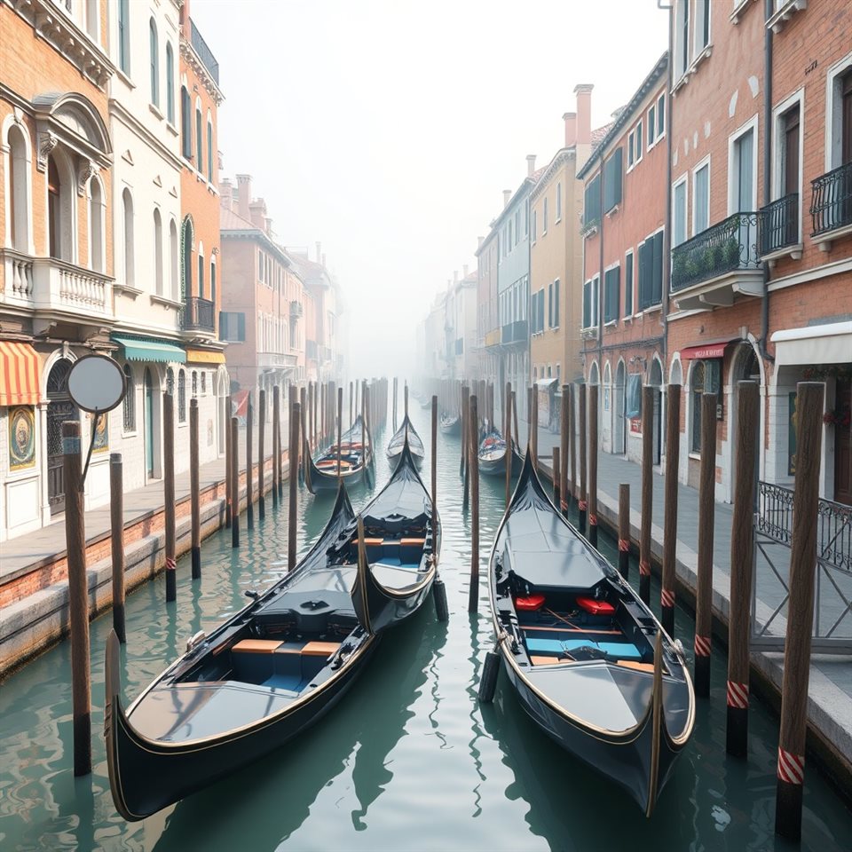 Soft 3D render of Scenic view of a narrow canal in Venice with traditional gondolas tied to wooden posts and historic old buildings, wide shot with open space at the top for text, misty morning haze, dreamy, 1:1 aspect ratio