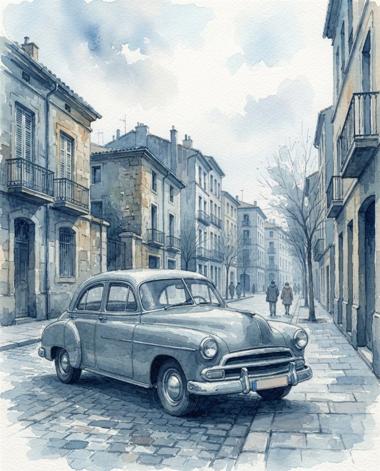 Watercolor illustration of generic vintage classic car on an old city street, no brand badges, wide shot with open space at the top for text, cool blue tones, quiet atmosphere, 4:5 aspect ratio