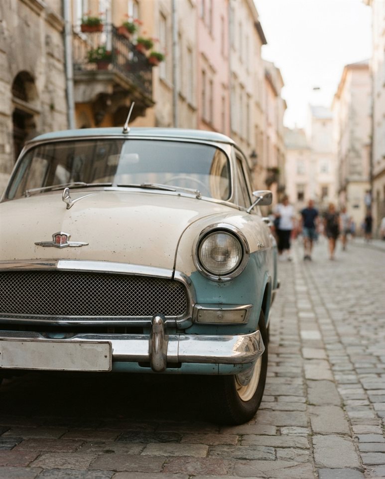 Cinematic film still of generic vintage classic car on an old city street, no brand badges, close-up detail with shallow depth of field, soft pastel colors, bright and cozy, 4:5 aspect ratio