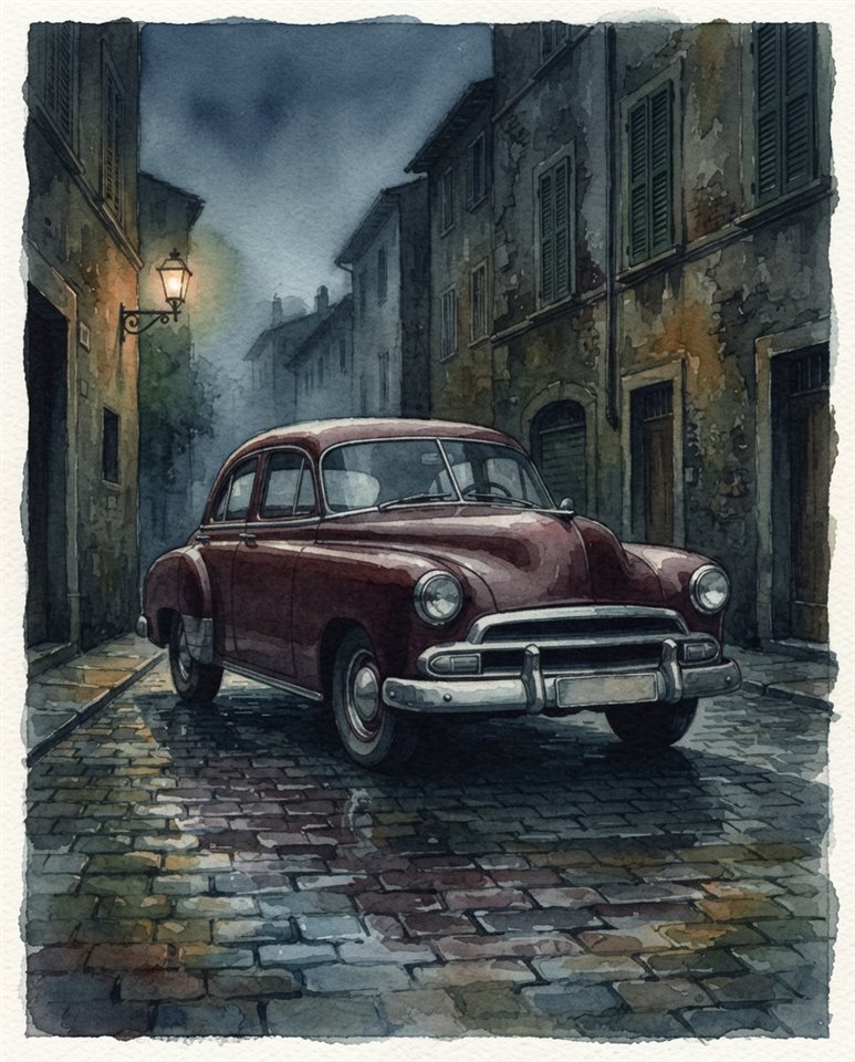 Watercolor illustration of generic vintage classic car on an old city street, no brand badges, centered subject with a simple uncluttered composition, moody dark tones, dramatic lighting, 4:5 aspect ratio