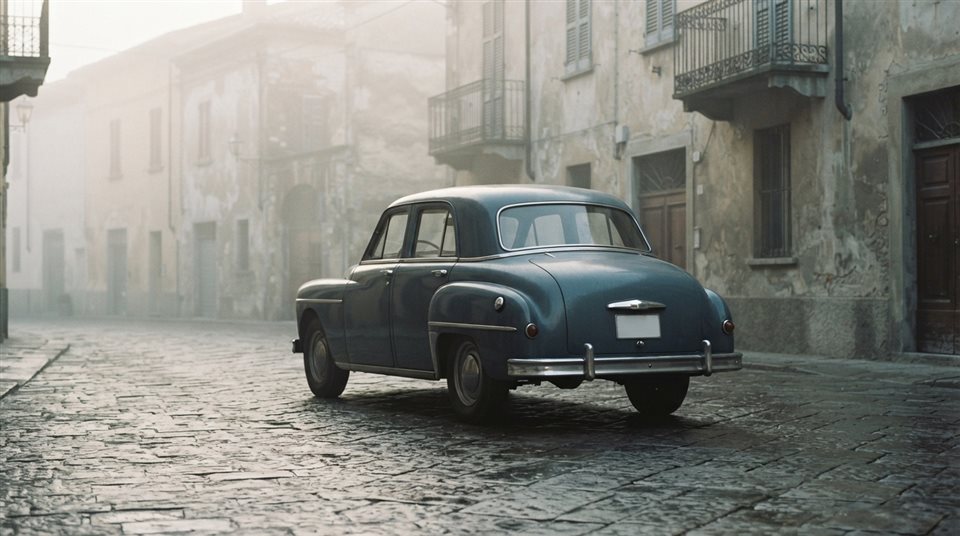 Photorealistic photo of generic vintage classic car on an old city street, no brand badges, centered subject with a simple uncluttered composition, misty morning haze, dreamy, 16:9 aspect ratio