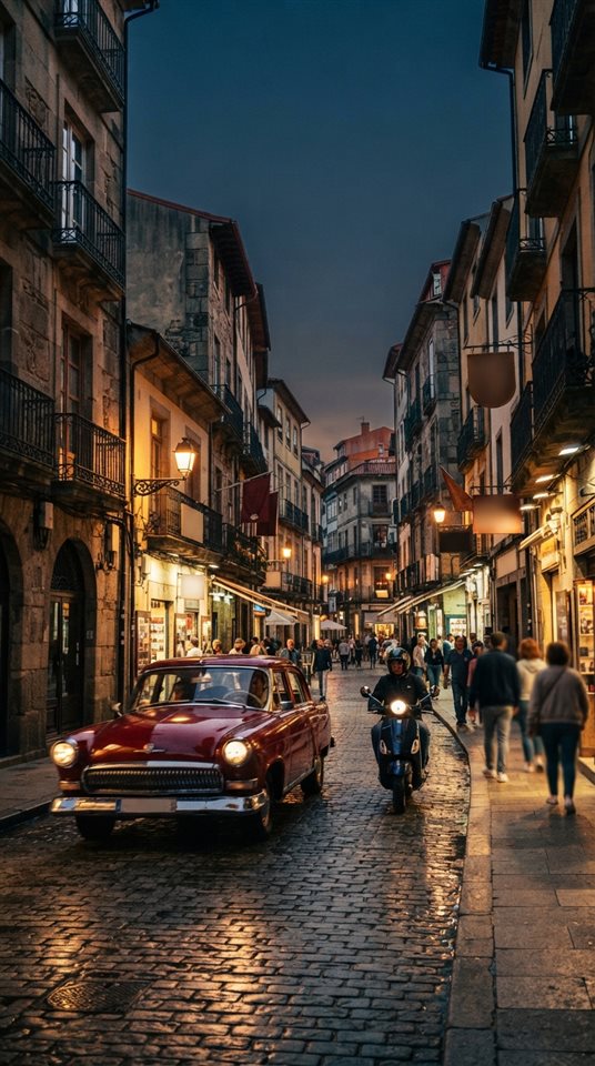 Cinematic film still of generic vintage classic car on an old city street, no brand badges, wide shot with open space at the top for text, vivid colors, high contrast, energetic, 9:16 aspect ratio