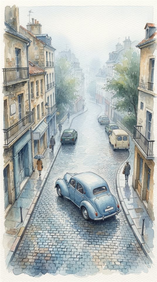 Watercolor illustration of generic vintage classic car on an old city street, no brand badges, high-angle view from above, misty morning haze, dreamy, 9:16 aspect ratio