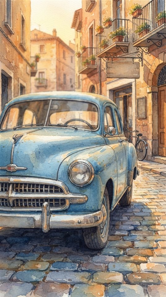 Watercolor illustration of generic vintage classic car on an old city street, no brand badges, close-up detail with shallow depth of field, warm golden light, calm mood, 9:16 aspect ratio