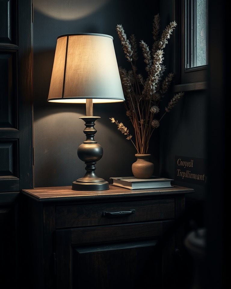 Photorealistic photo of A cozy corner of a room featuring a distressed wooden cabinet, an antique lamp, and dried botanical stems., close-up detail with shallow depth of field, moody dark tones, dramatic lighting, 4:5 aspect ratio