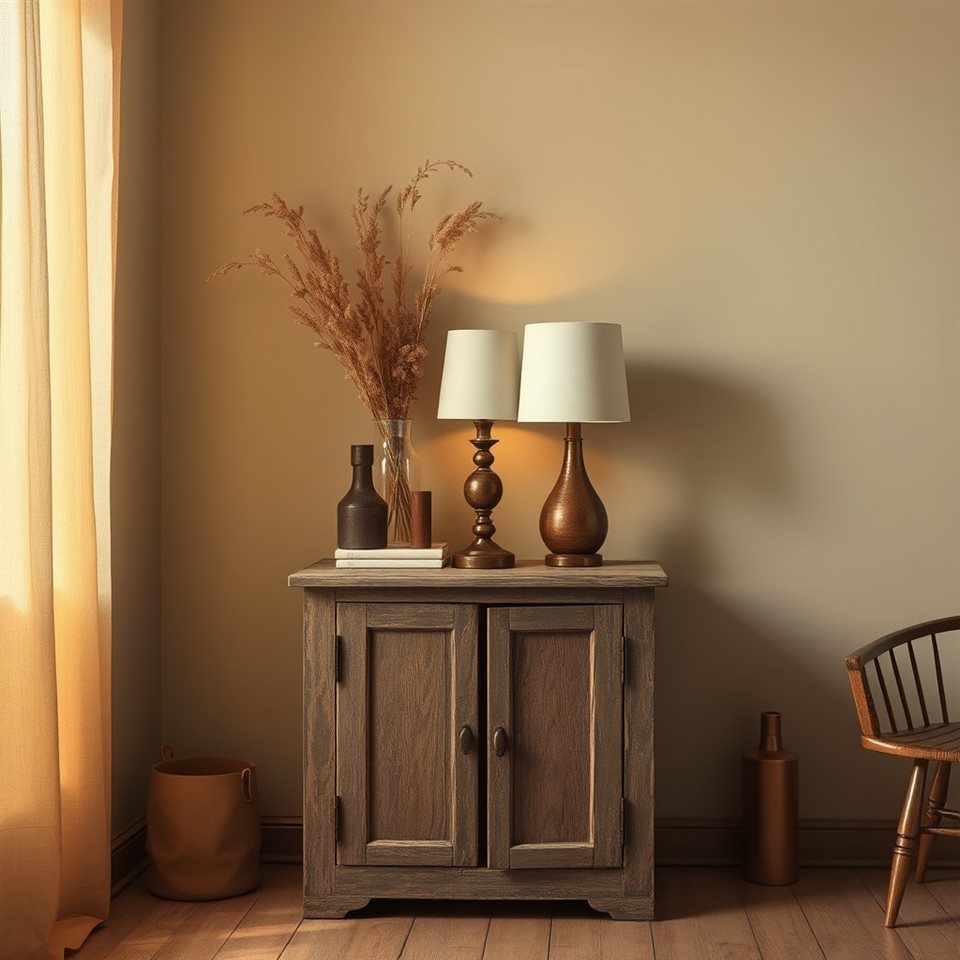 Photorealistic photo of A cozy corner of a room featuring a distressed wooden cabinet, an antique lamp, and dried botanical stems., centered subject with a simple uncluttered composition, warm golden light, calm mood, 1:1 aspect ratio