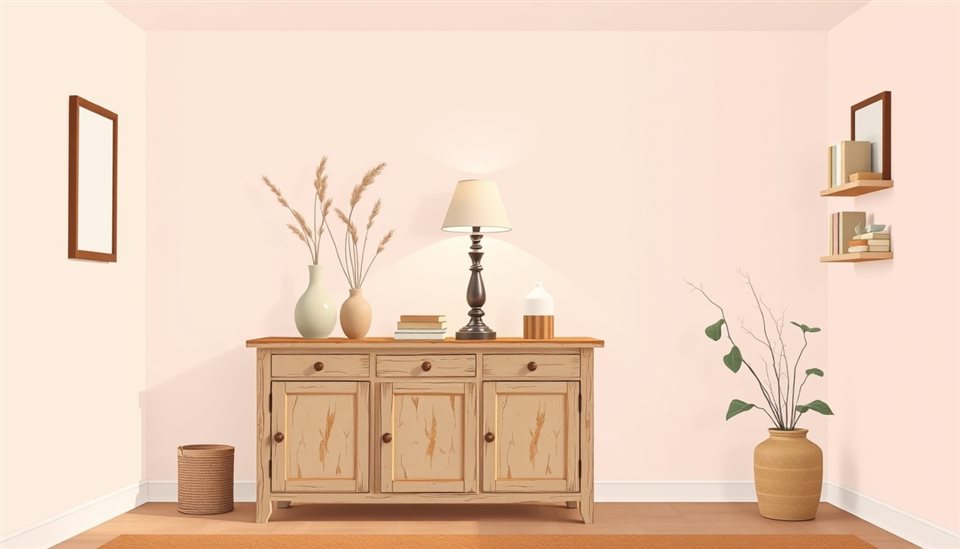 Minimal flat illustration of A cozy corner of a room featuring a distressed wooden cabinet, an antique lamp, and dried botanical stems., wide shot with open space at the top for text, soft pastel colors, bright and cozy, 16:9 aspect ratio