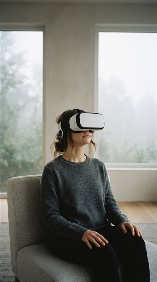 Cinematic film still of a person wearing a VR headset, centered subject with a simple uncluttered composition, misty morning haze, dreamy, 9:16 aspect ratio