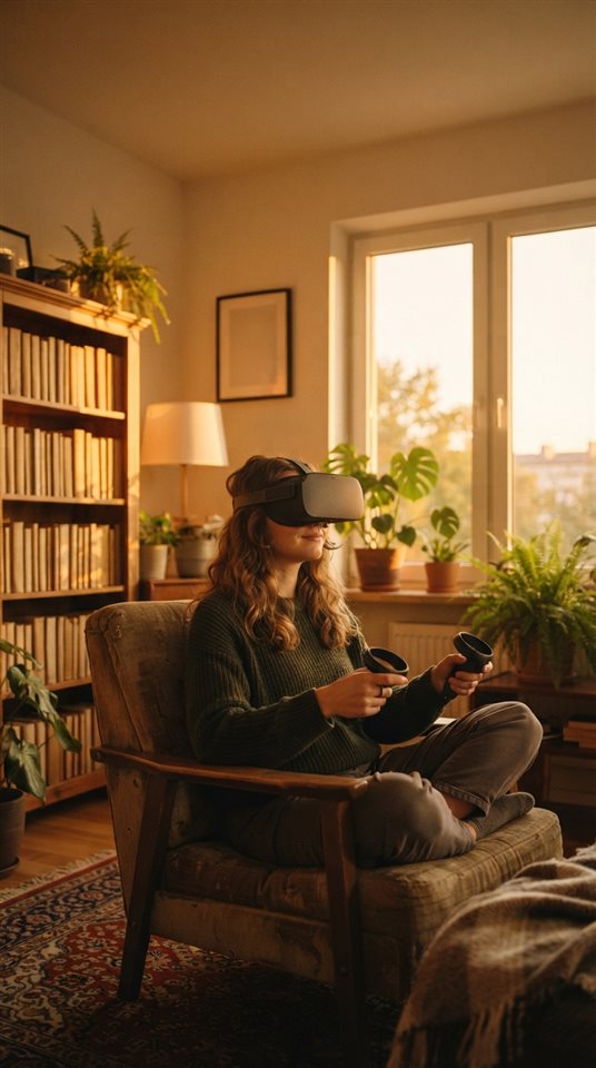 Cinematic film still of a person wearing a VR headset, wide shot with open space at the top for text, warm golden light, calm mood, 9:16 aspect ratio