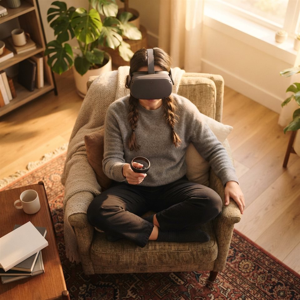 Photorealistic photo of a person wearing a VR headset, high-angle view from above, warm golden light, calm mood, 1:1 aspect ratio
