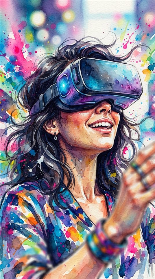 Watercolor illustration of a person wearing a VR headset, close-up detail with shallow depth of field, vivid colors, high contrast, energetic, 9:16 aspect ratio