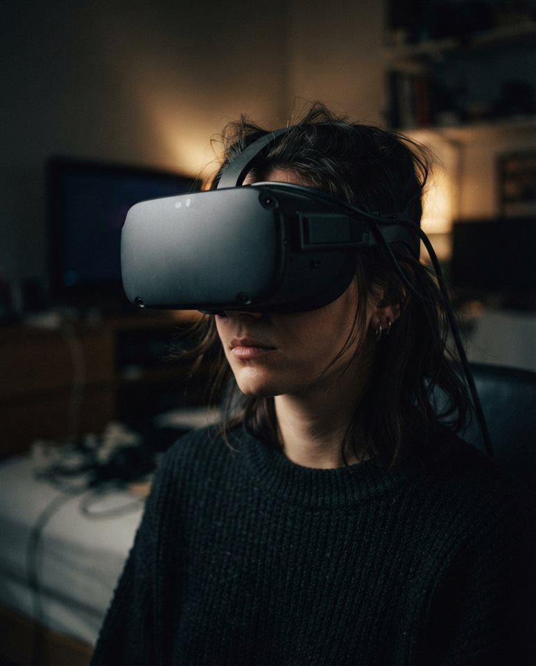 Cinematic film still of a person wearing a VR headset, close-up detail with shallow depth of field, moody dark tones, dramatic lighting, 4:5 aspect ratio