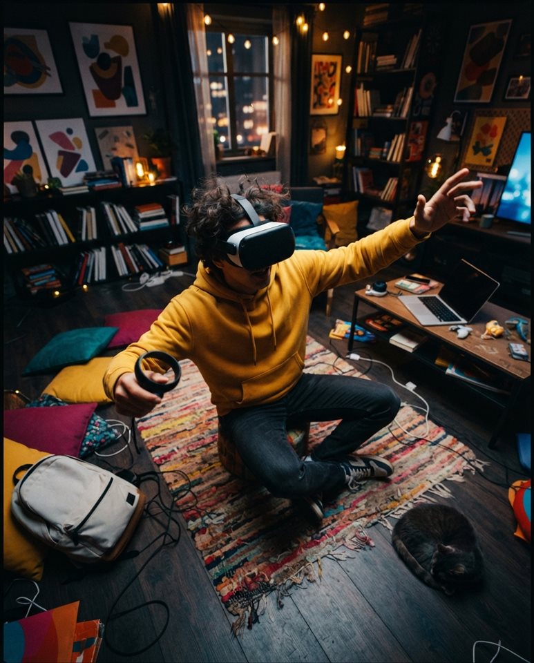 Cinematic film still of a person wearing a VR headset, high-angle view from above, vivid colors, high contrast, energetic, 4:5 aspect ratio
