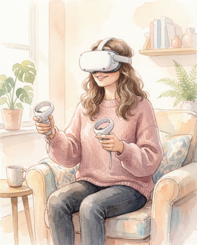 Watercolor illustration of a person wearing a VR headset, centered subject with a simple uncluttered composition, soft pastel colors, bright and cozy, 4:5 aspect ratio