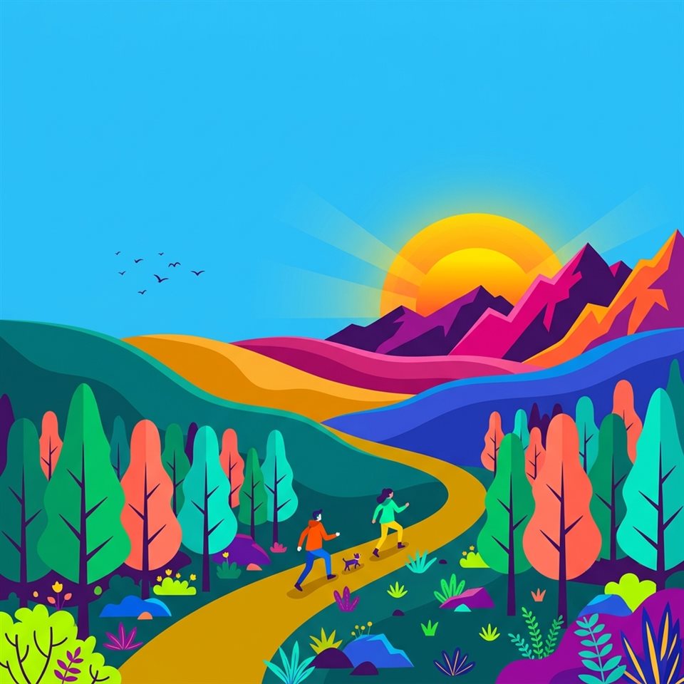 Ilustración plana minimalista de escena de papel tapiz estético, plano general con espacio abierto en la parte superior para texto, colores vivos, alto contraste, enérgico, relación de aspecto 1:1