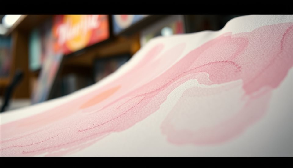 Cinematic film still of Soft pastel watercolor washes blending gently on textured paper., close-up detail with shallow depth of field, vivid colors, high contrast, energetic, 16:9 aspect ratio